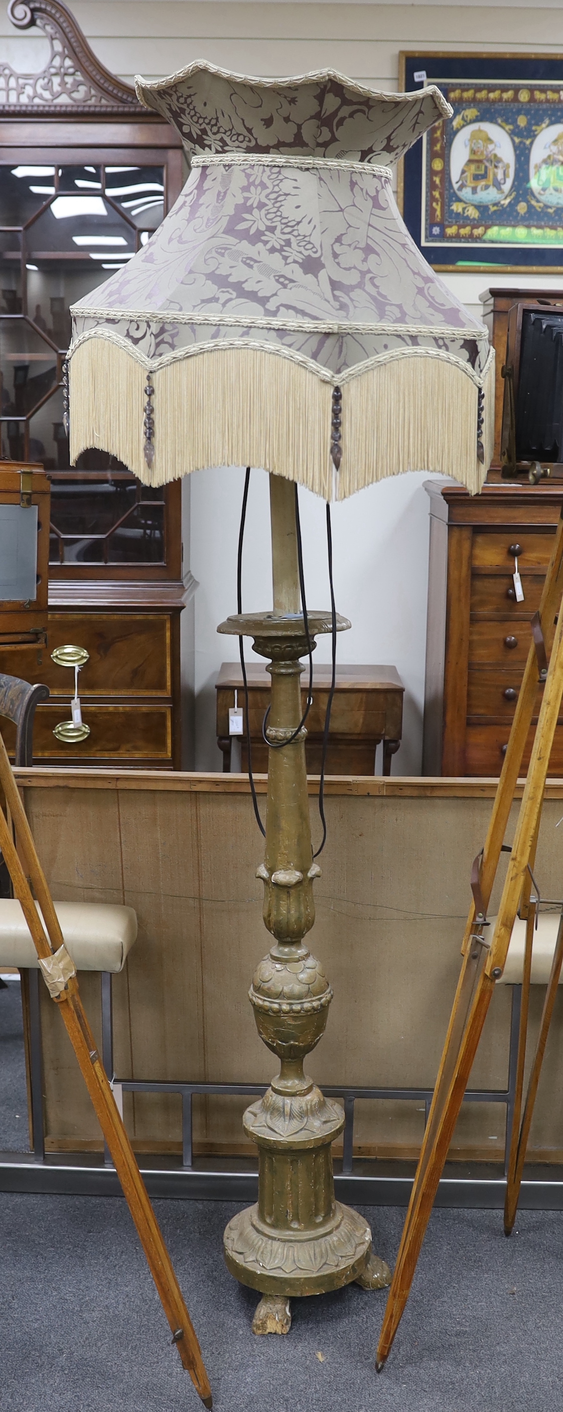 A painted and carved wood standard lamp, height including shade, 124cm